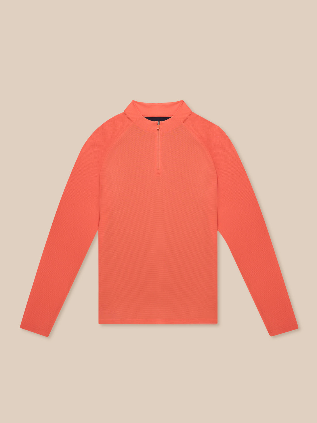 Front view of bright orange Breathable 1/4 Zip top with a stand collar laid flat.