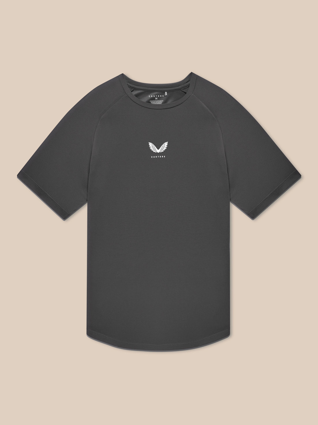 Flat lay of Flow Training T-Shirt Charcoal displaying central Castore logo and crew neck