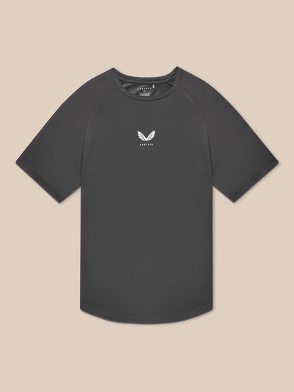 Flat lay of Flow Training T-Shirt Charcoal displaying central Castore logo and crew neck