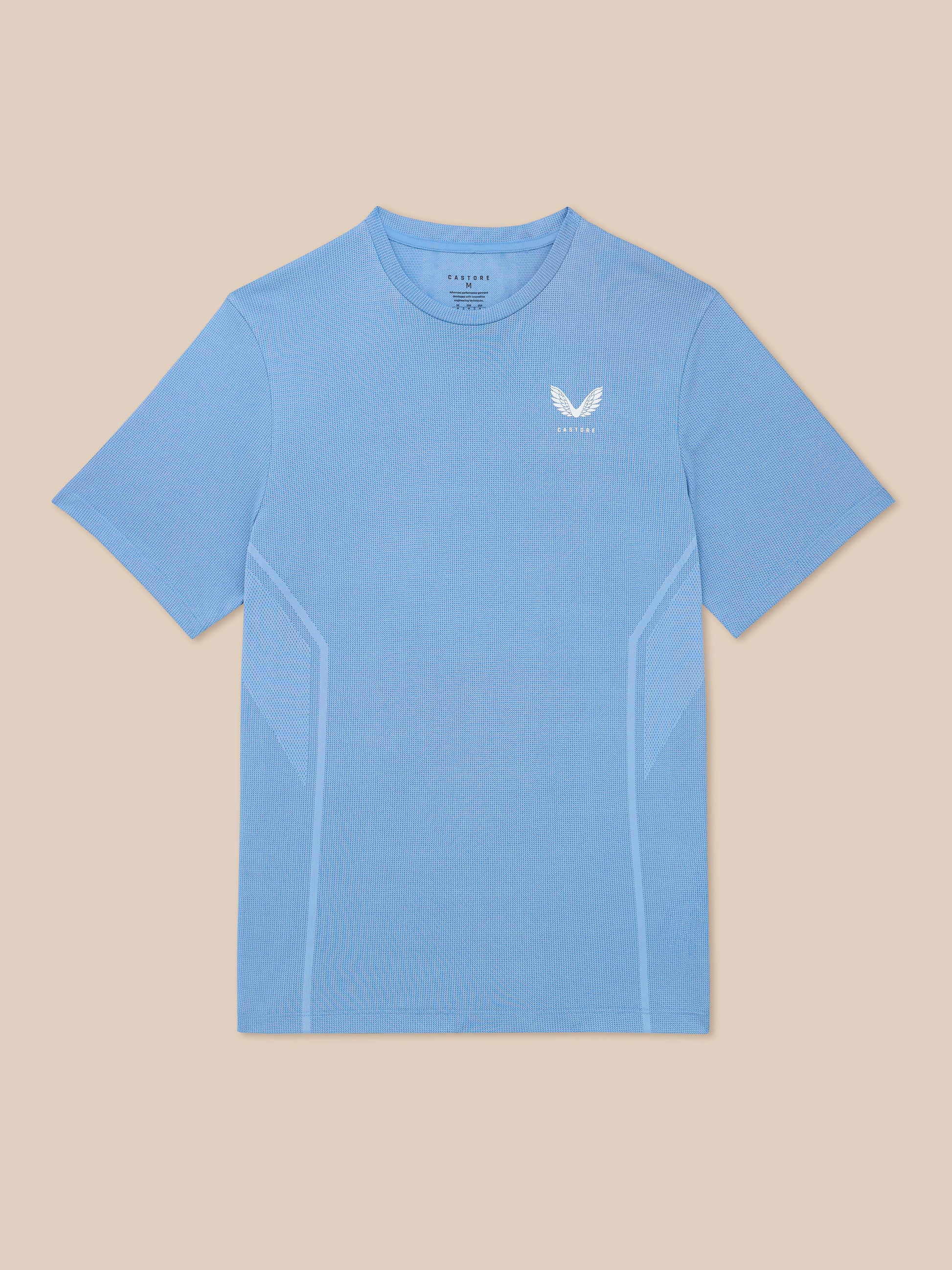 Sky blue Apex Training T-Shirt with mesh knit texture, crew neck, short sleeves, and white left chest logo.