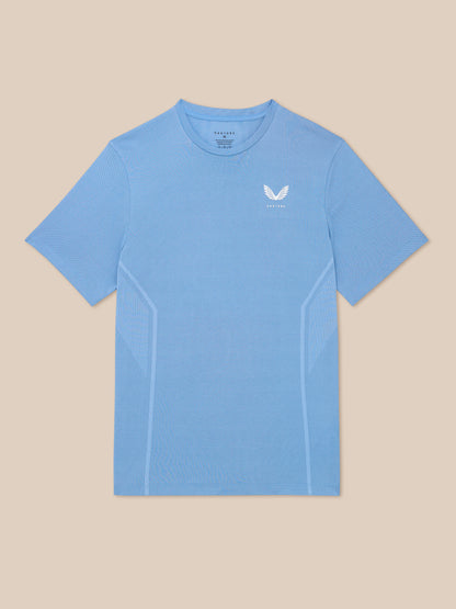 Sky blue Apex Training T-Shirt with mesh knit texture, crew neck, short sleeves, and white left chest logo.