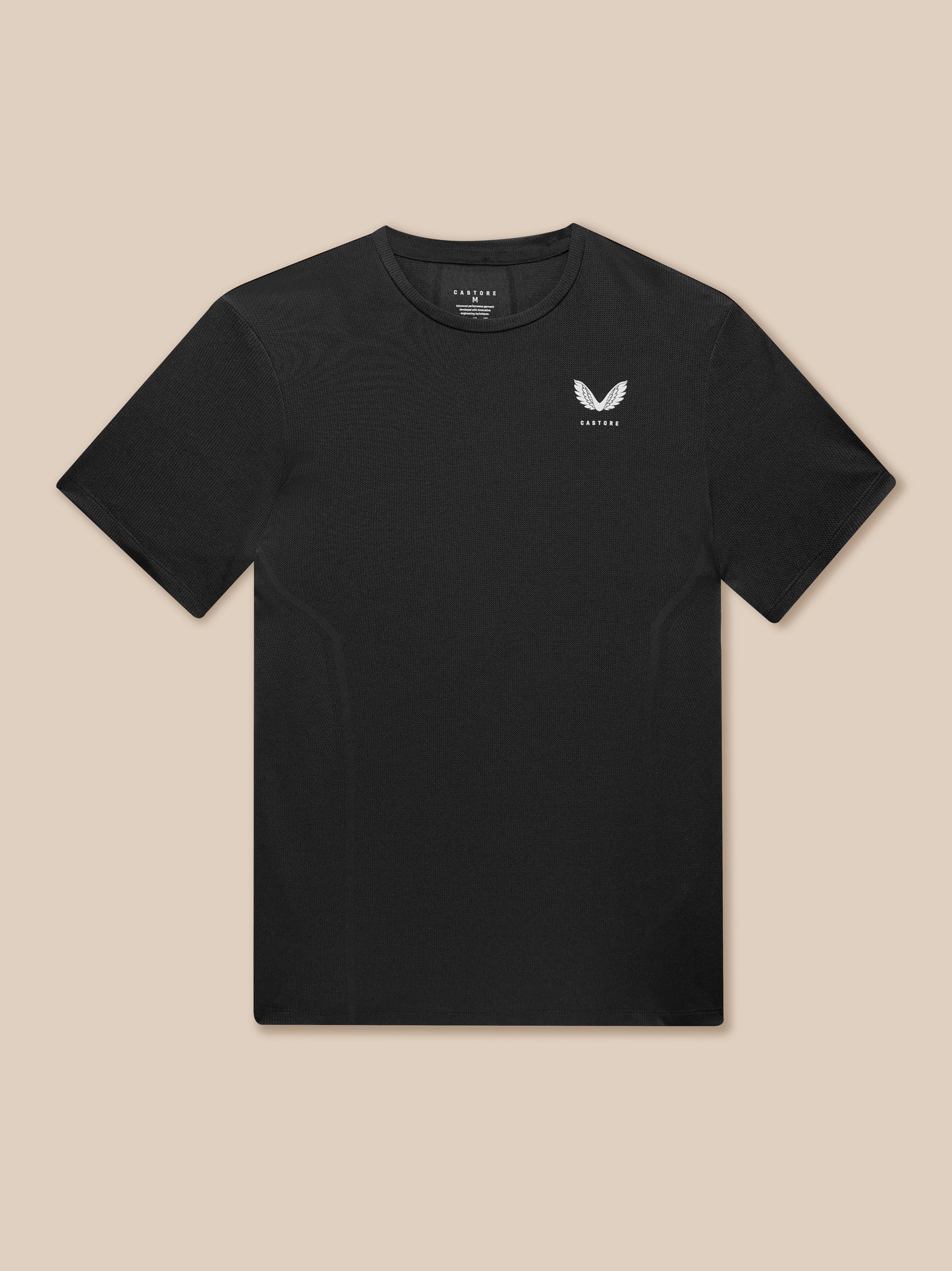 Close-up of black Apex T-shirt with white wing logo on chest.