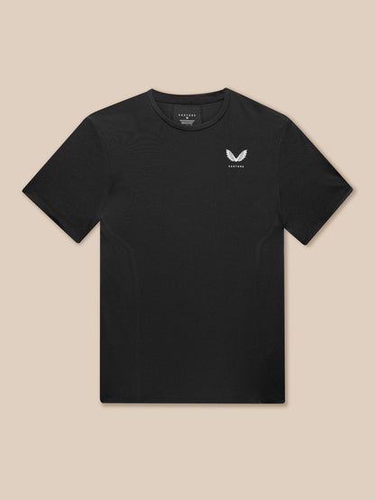 Close-up of black Apex T-shirt with white wing logo on chest.