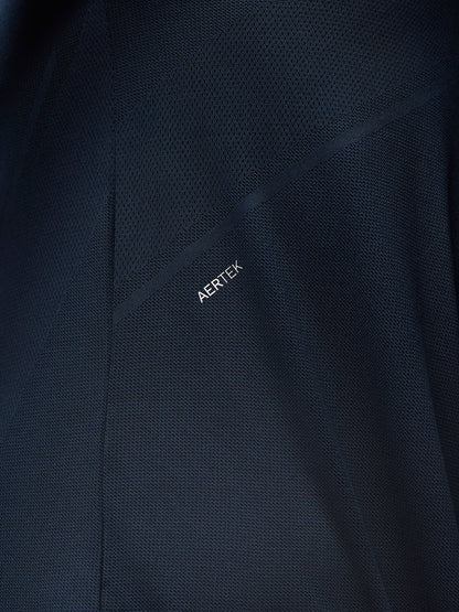 Close up of navy Apex training knit fabric with mesh texture and Aertek branding