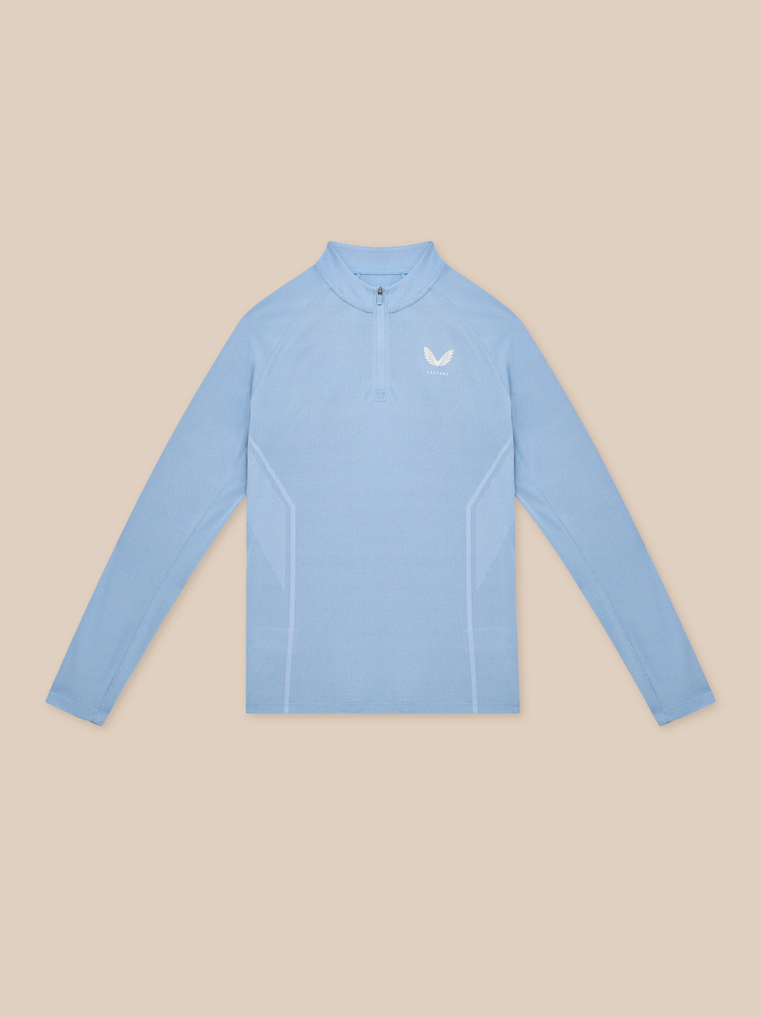 Sky blue Apex Training long sleeve quarter zip top with breathable mesh panels and white Castore logo on chest