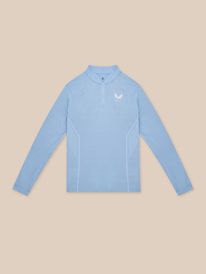 Sky blue Apex Training long sleeve quarter zip top with breathable mesh panels and white Castore logo on chest