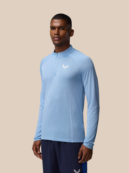 Model wearing sky blue Apex Training 1/4 Zip Top with front quarter zip and breathable knit texture