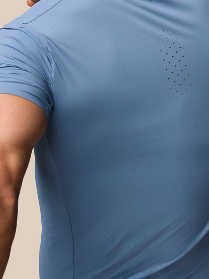 Close-up of blue Zone Training T-Shirt highlighting halo eyelets and laser-cut ventilation