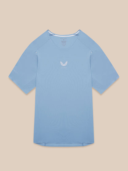 Light blue Zone Training T-Shirt laid flat with crew neck and chest Castore logo