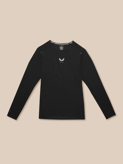 Flat lay of black Zone Training T-Shirt on beige background with long sleeves and chest logo