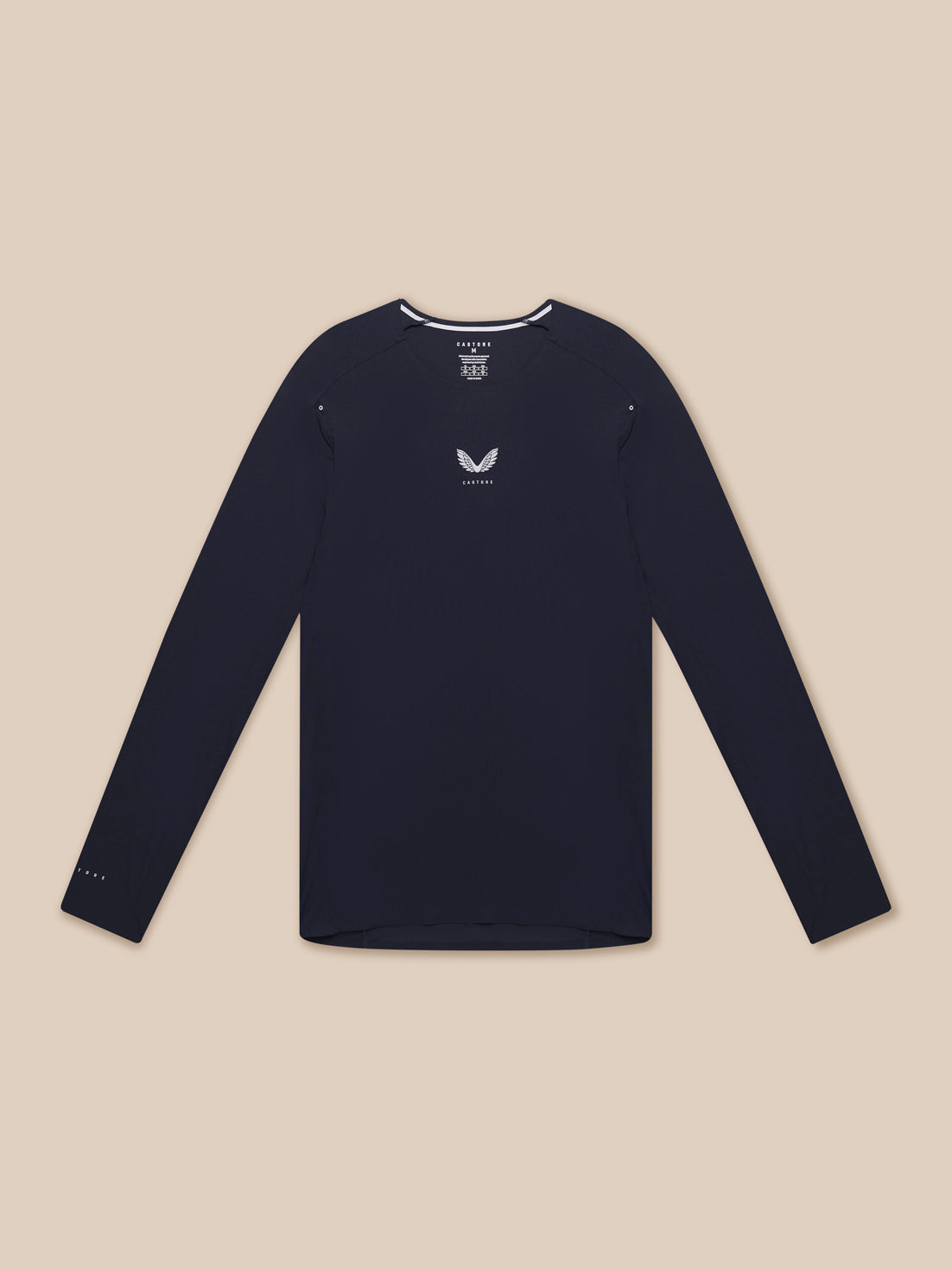 Male model in navy Zone Training Long Sleeve shirt front view with branding on chest