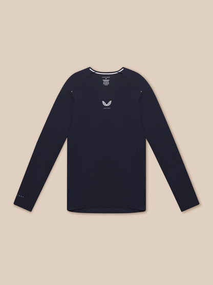 Male model in navy Zone Training Long Sleeve shirt front view with branding on chest