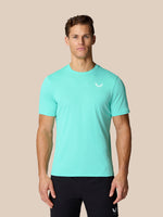 Male model in light aqua Flow Training T Shirt with AerTek knit for breathability