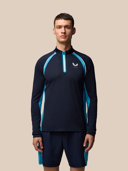 Male model wearing navy Tennis Aeromesh long sleeve top with aqua side panels and quarter zip.
