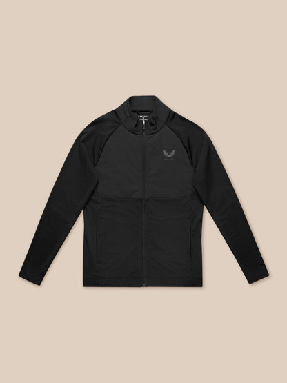 Close up of Flow Training Jacket in black showing front zipper and Castore logo on the chest