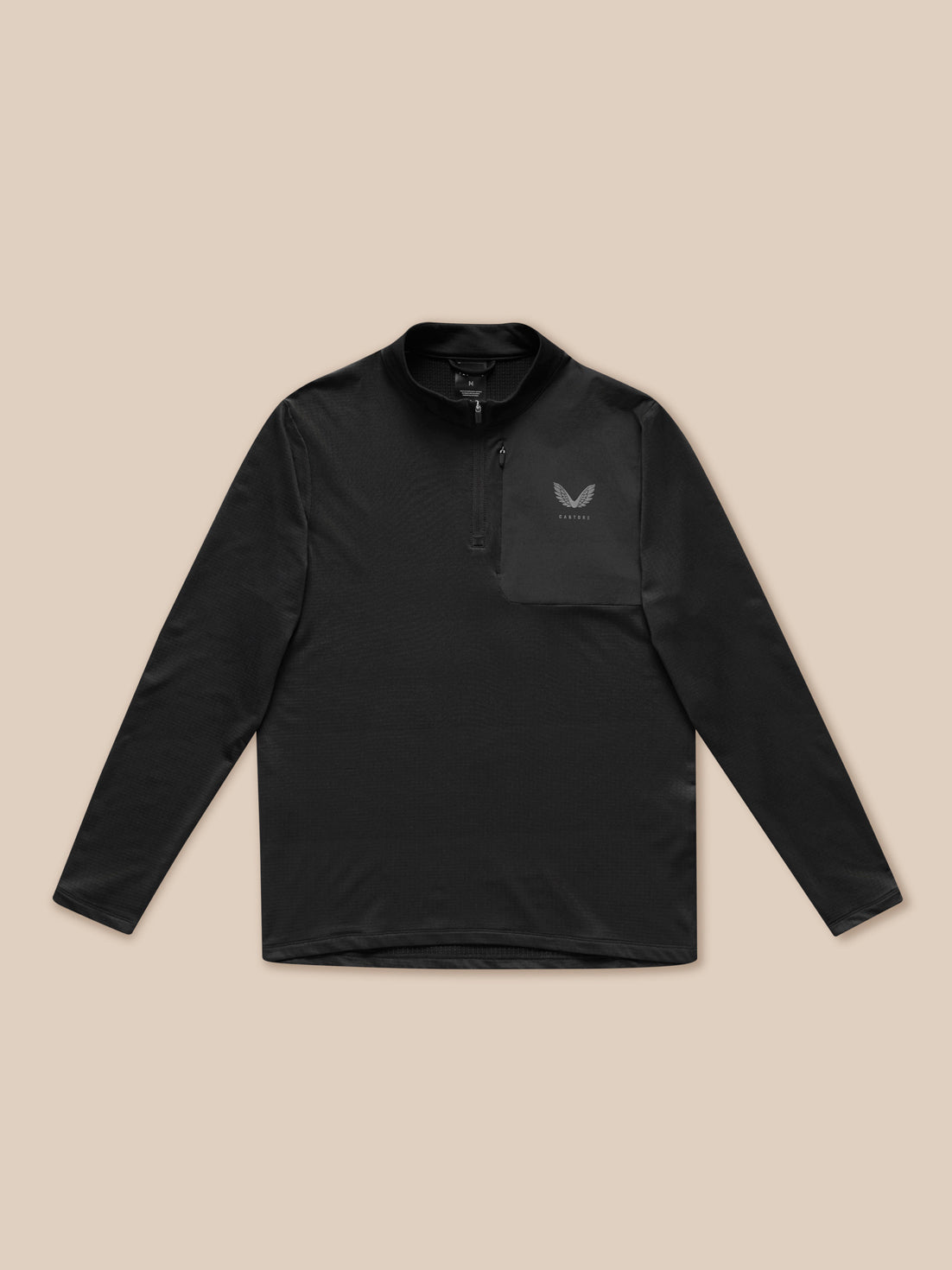 Male model in black Flow Sweatshirt with funnel collar, quarter zip and chest pocket