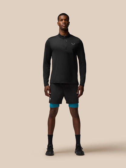 Male model wearing black Flow Sweatshirt with funnel collar, quarter zip and chest pocket
