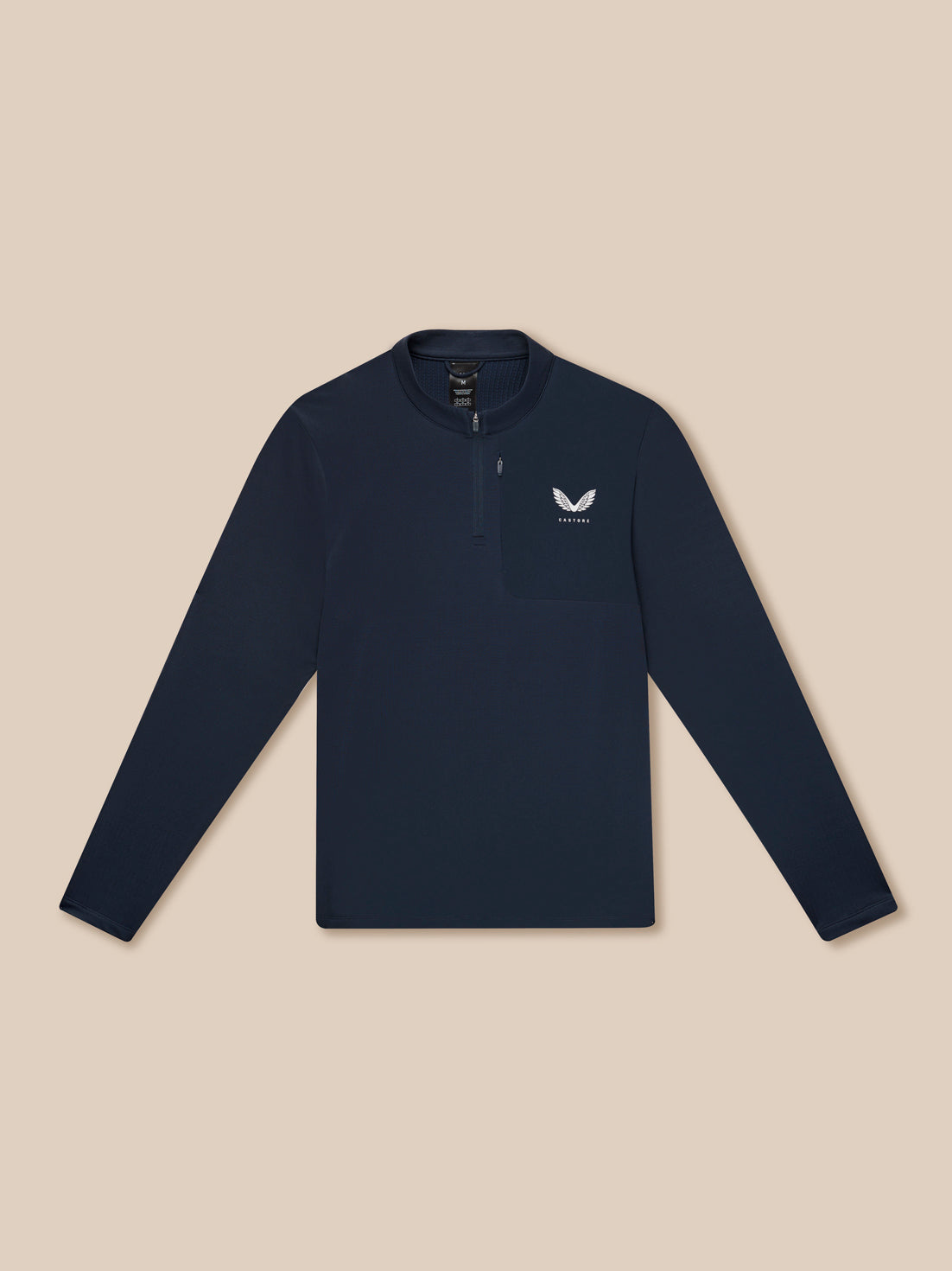 Navy Flow Quarter Zip Sweater Top laid flat showing funnel collar chest pocket and Castore branding