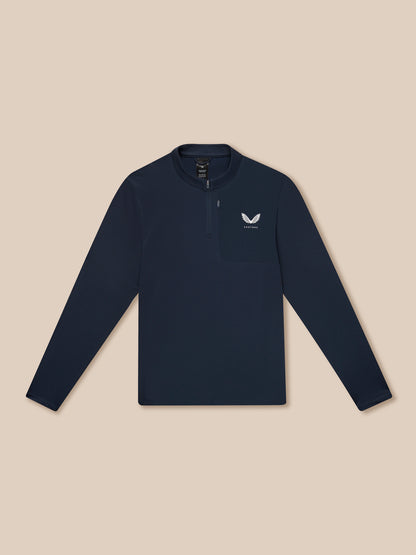 Navy Flow Quarter Zip Sweater Top laid flat showing funnel collar chest pocket and Castore branding