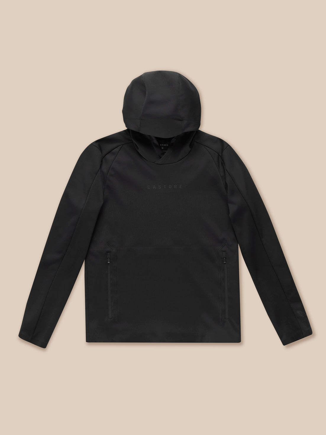 Front view of a man wearing black Garcia Water Resistant Hoodie with Castore chest logo.