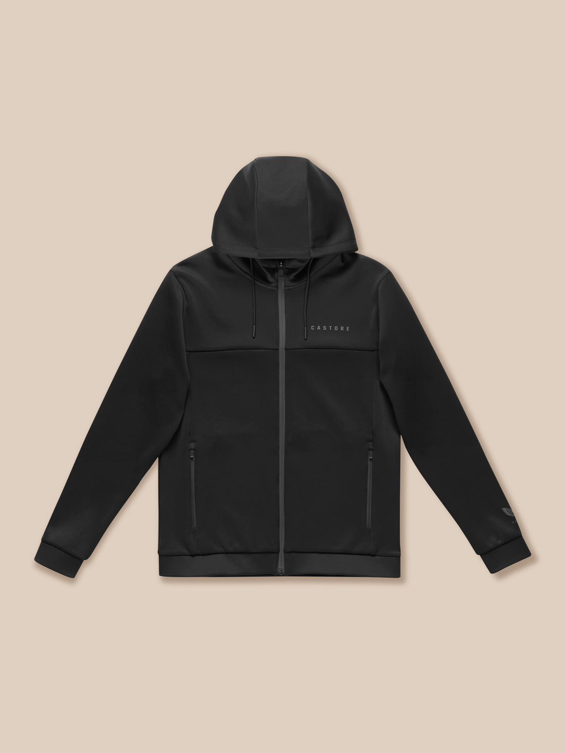 Front view of black Castore Flex Lifestyle full zip hooded jacket with drawcords