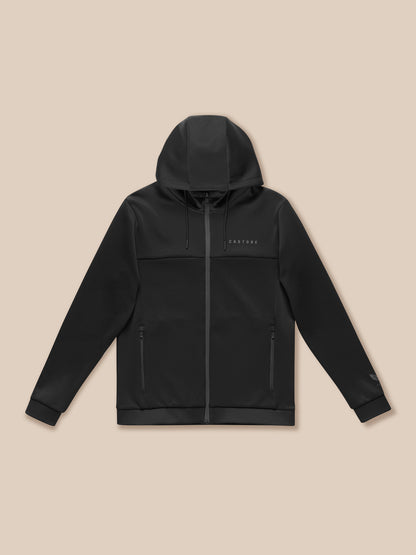 Front view of black Castore Flex Lifestyle full zip hooded jacket with drawcords