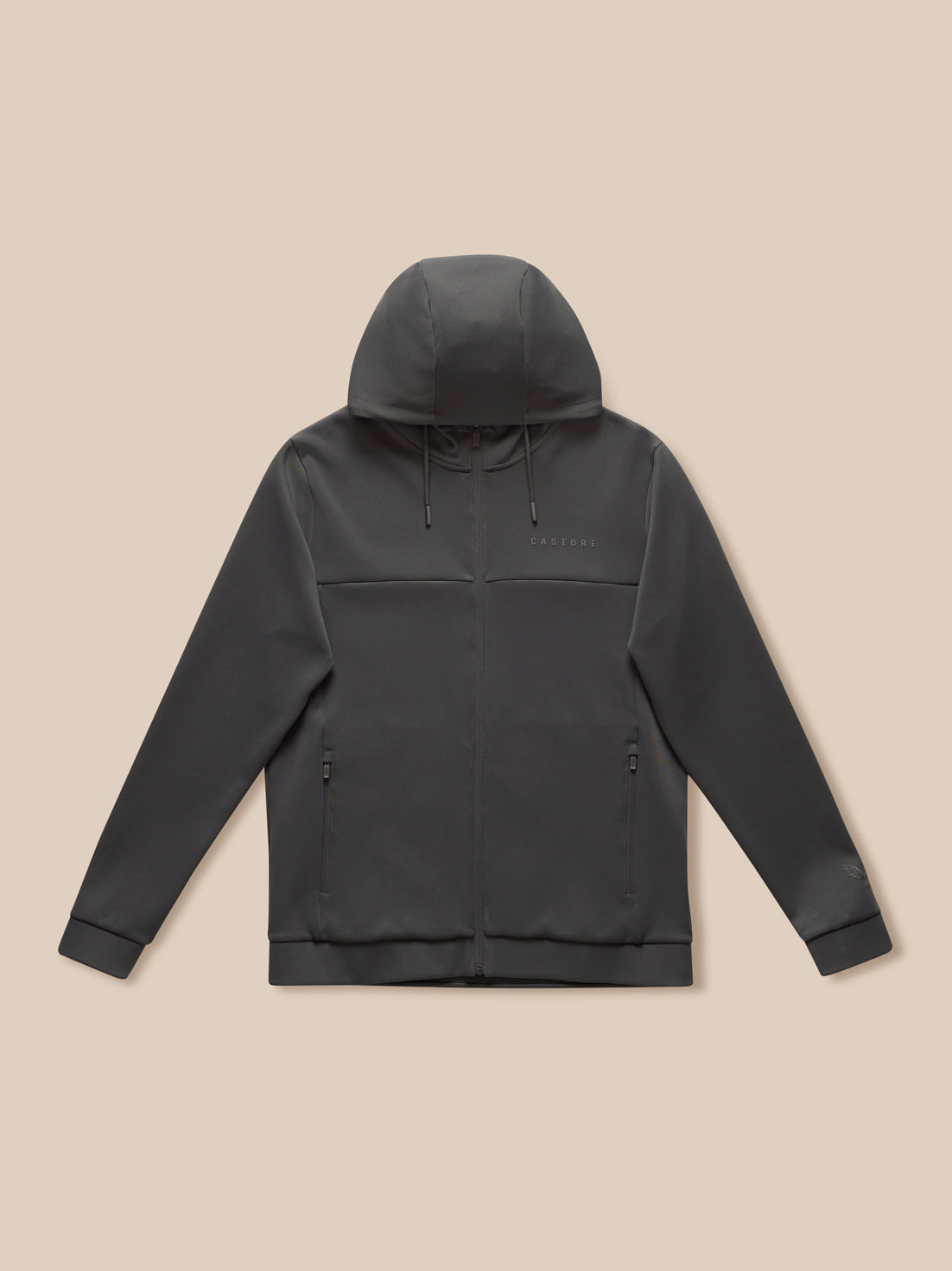 Charcoal Flex Lifestyle Full Zip jacket laid flat with hood, full front zipper and side zip pockets.