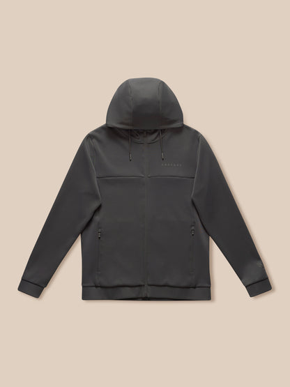 Charcoal Flex Lifestyle Full Zip jacket laid flat with hood, full front zipper and side zip pockets.