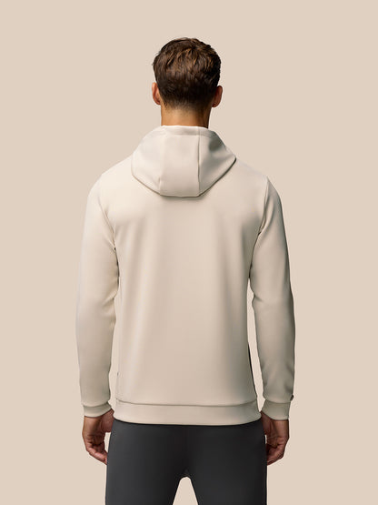 Back view of beige Flex Lifestyle Hoodie on male model with hood down