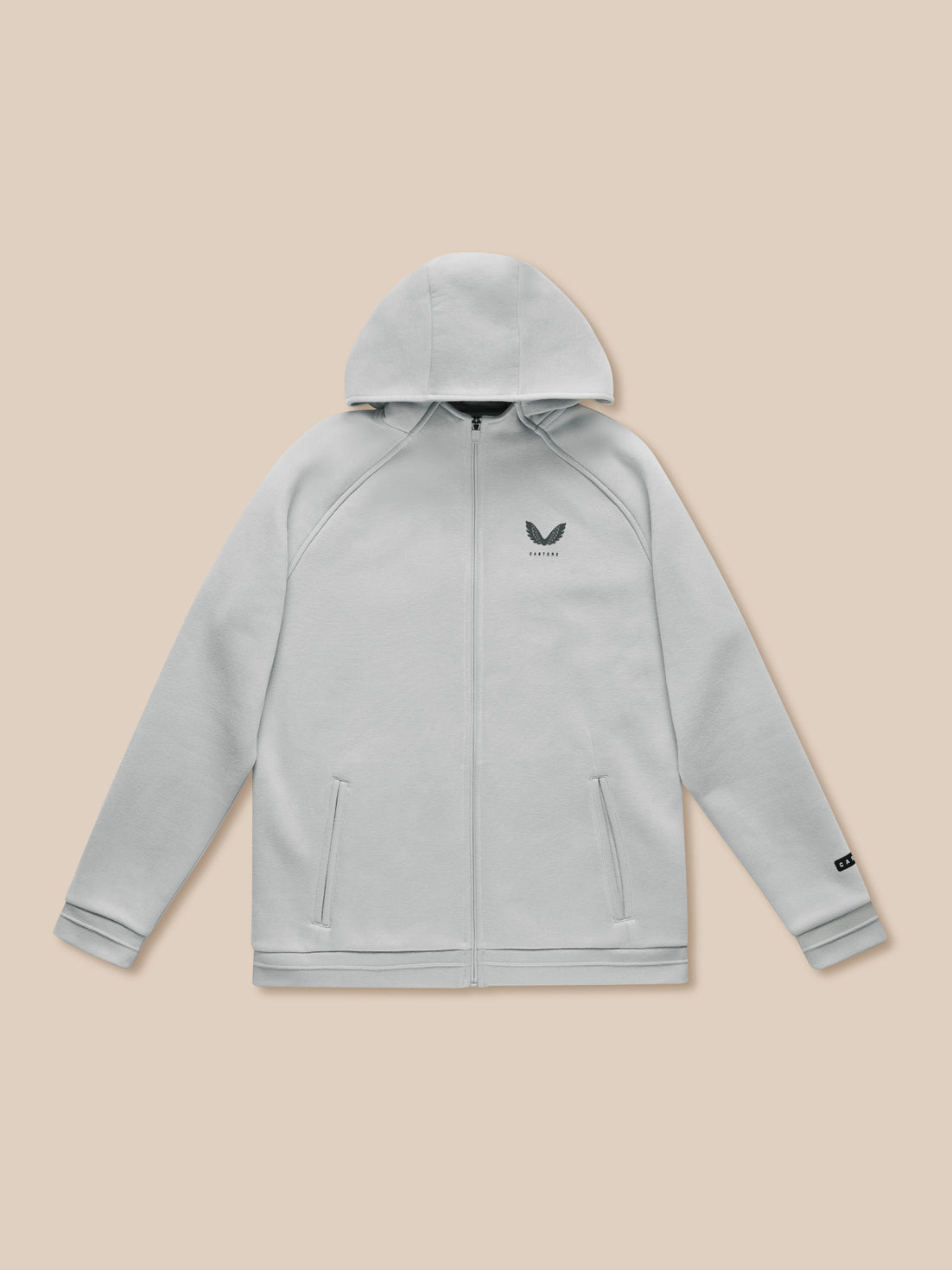 Grey Adapt fleece zip hoodie with a small chest logo and two front pockets on a beige background