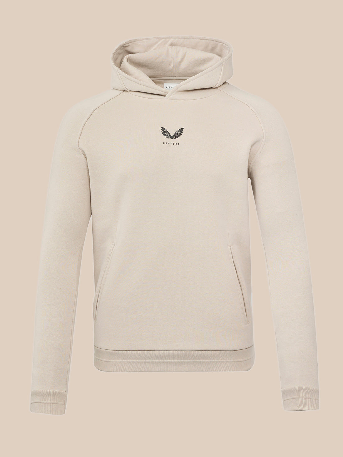 Stone Adapt Fleece Hoodie front view with hood two side pockets and subtle logo