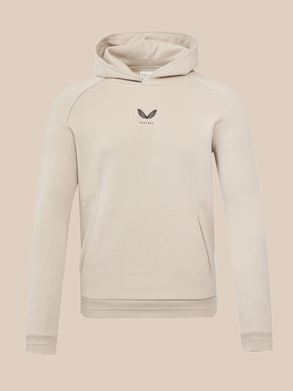 Stone Adapt Fleece Hoodie front view with hood two side pockets and subtle logo