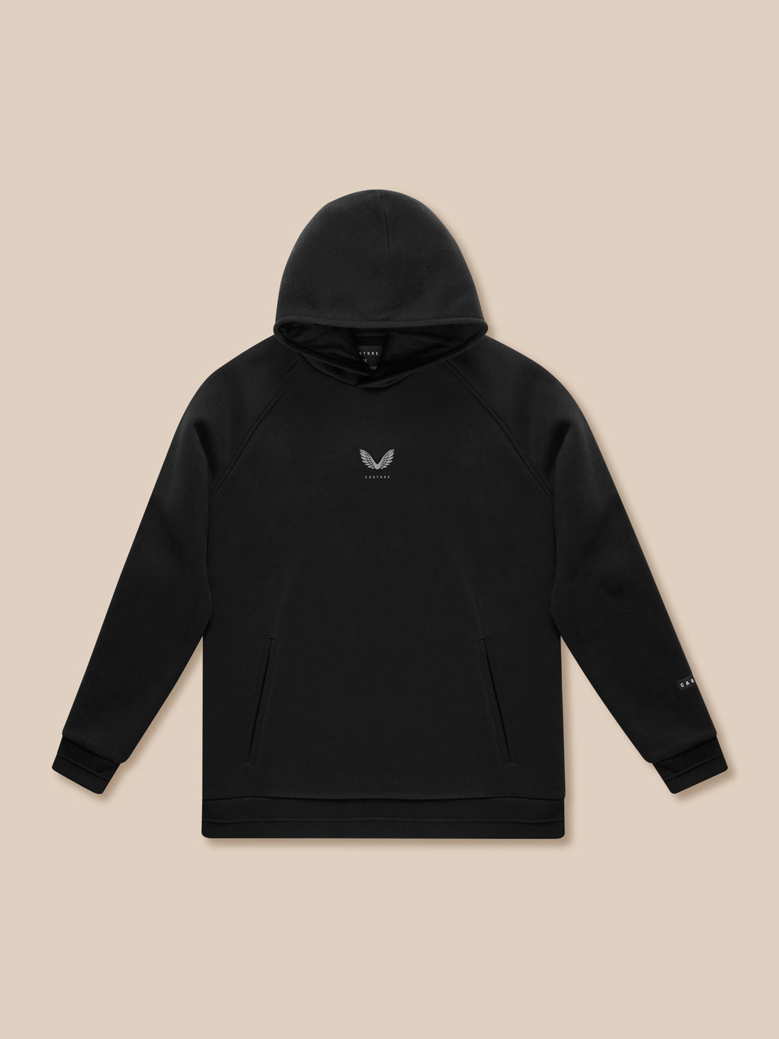Adapt Fleece Hoodie in black laid flat with small chest logo and front pockets