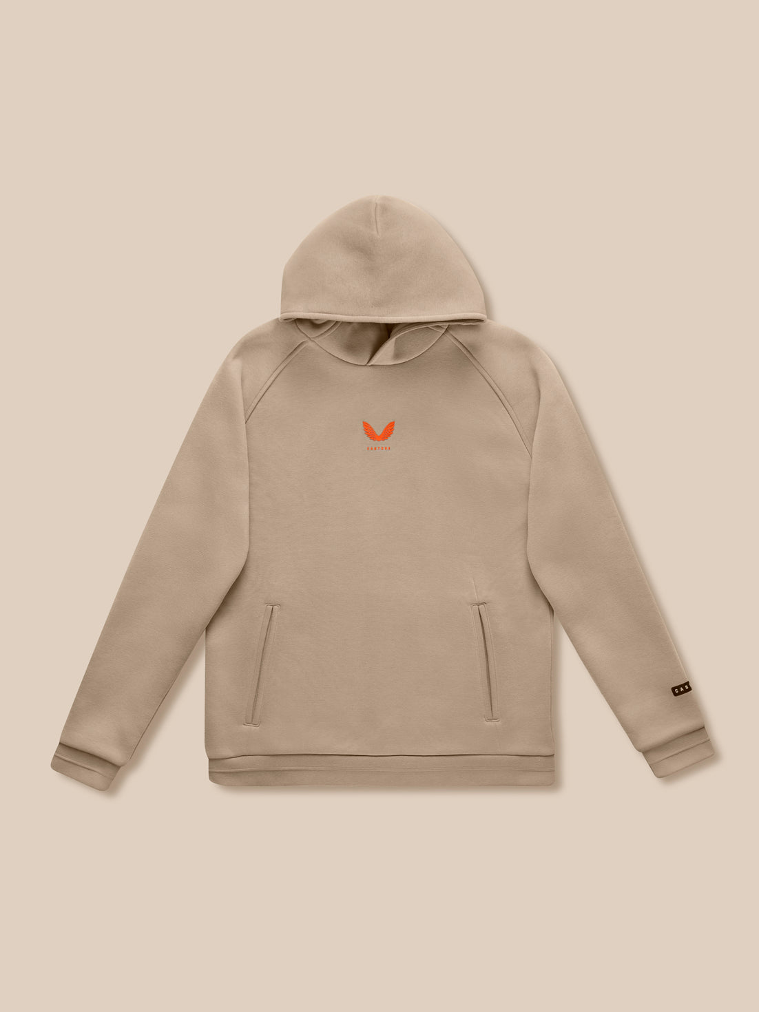 Flat lay front view of Adapt Fleece Hoodie in Clay with hood up and orange chest logo
