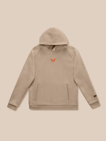 Flat lay front view of Adapt Fleece Hoodie in Clay with hood up and orange chest logo