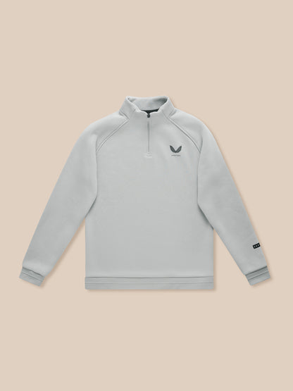 Close-up of light grey Adapt Fleece Quarter Zip top with stand collar and zip on a neutral backdrop