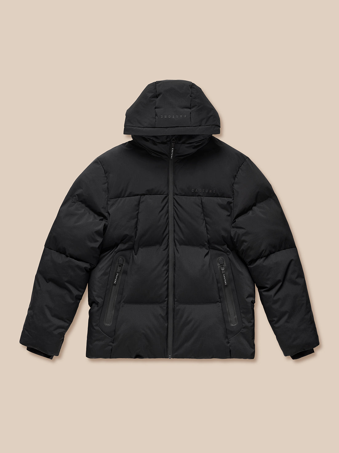 Front view of a black Castore puffer jacket with full zip, hood and zippered side pockets