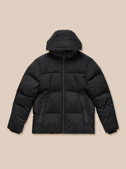 Front view of a black Castore puffer jacket with full zip, hood and zippered side pockets