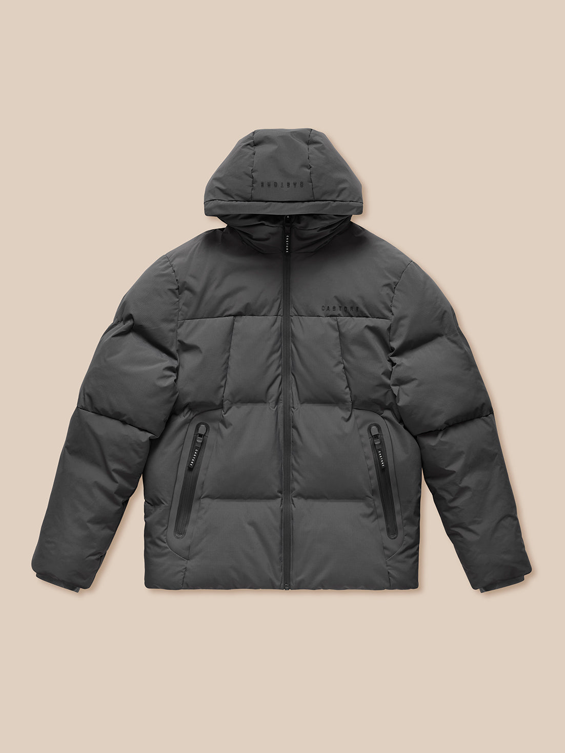Charcoal puffer jacket with hood, front zipper, and zip pockets; Castore branding on chest