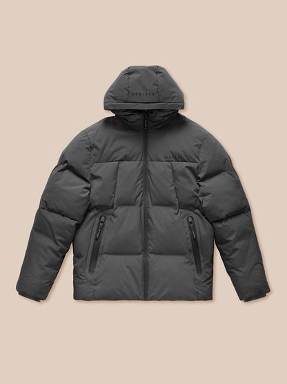 Charcoal puffer jacket with hood, front zipper, and zip pockets; Castore branding on chest
