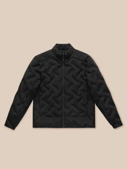 Black padded jacket laid flat with stand collar and front zip; Castore on left shoulder and Protek on right sleeve.