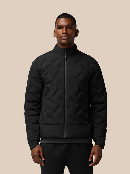 Model wearing black Padded Jacket with stand collar full front zip and zip pockets