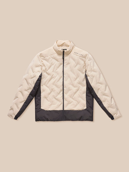 Beige padded jacket laid flat with center front zip and dark hem panels