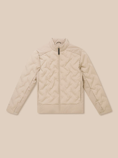 Mushroom colored padded jacket close-up focusing on chest area with front zipper and Castore logo.