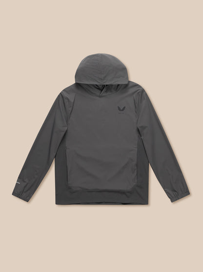 Grey lightweight hooded windbreaker laid flat with chest logo and front pocket