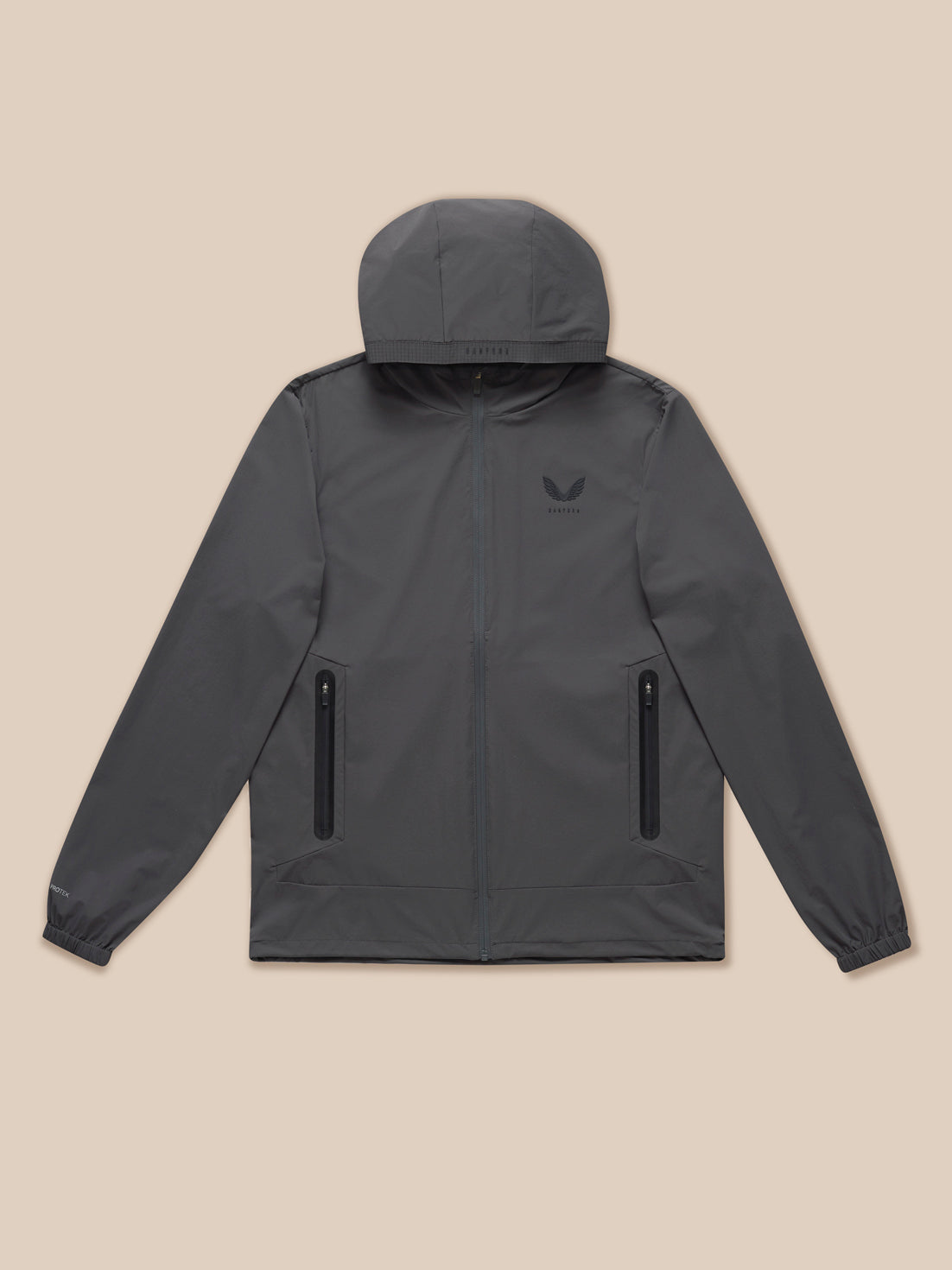 Front view of gunmetal Flex Classic Lifestyle Jacket laid flat with hood, full zip and zip pockets visible.