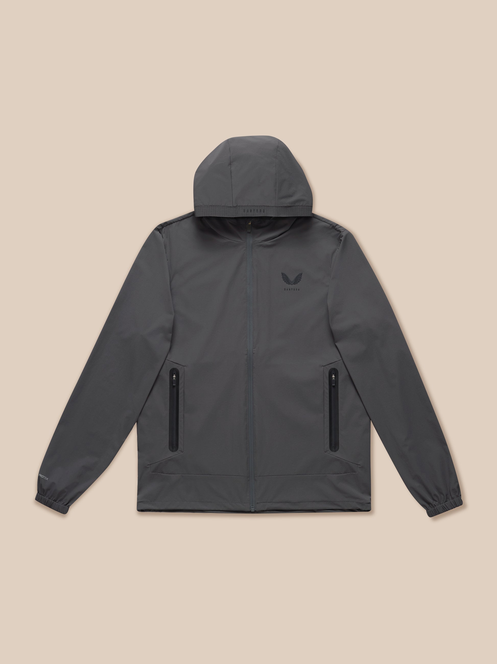 Charcoal Lightweight Flex Jacket with hood, full front zip, zip pockets, and chest logo.