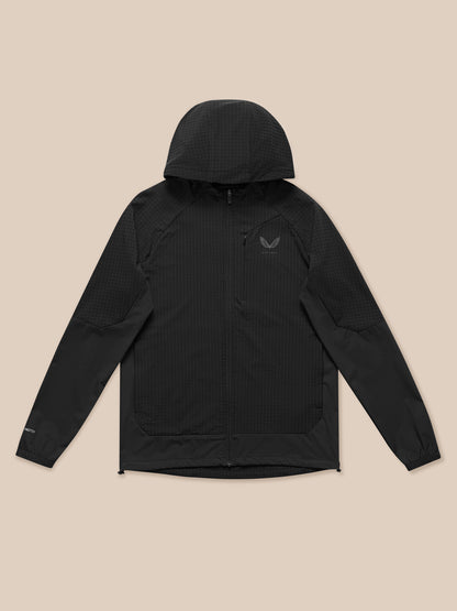 Black hooded Flex Winterised jacket with full front zip and chest logo
