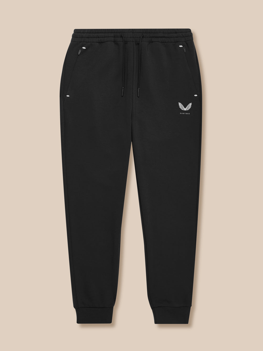 Front view of black Travel Lifestyle Joggers featuring drawcord waistband zip pockets and Castore logo on thigh