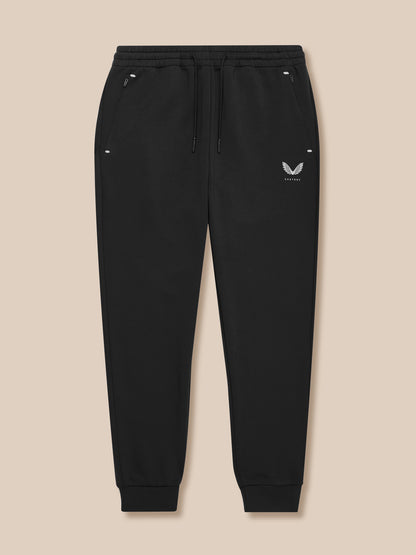 Front view of black Travel Lifestyle Joggers featuring drawcord waistband zip pockets and Castore logo on thigh